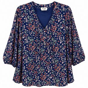 Siren Lily Womens 3X Navy Floral Blouse V Neck 3/4 Sleeve Plus Size Tunic